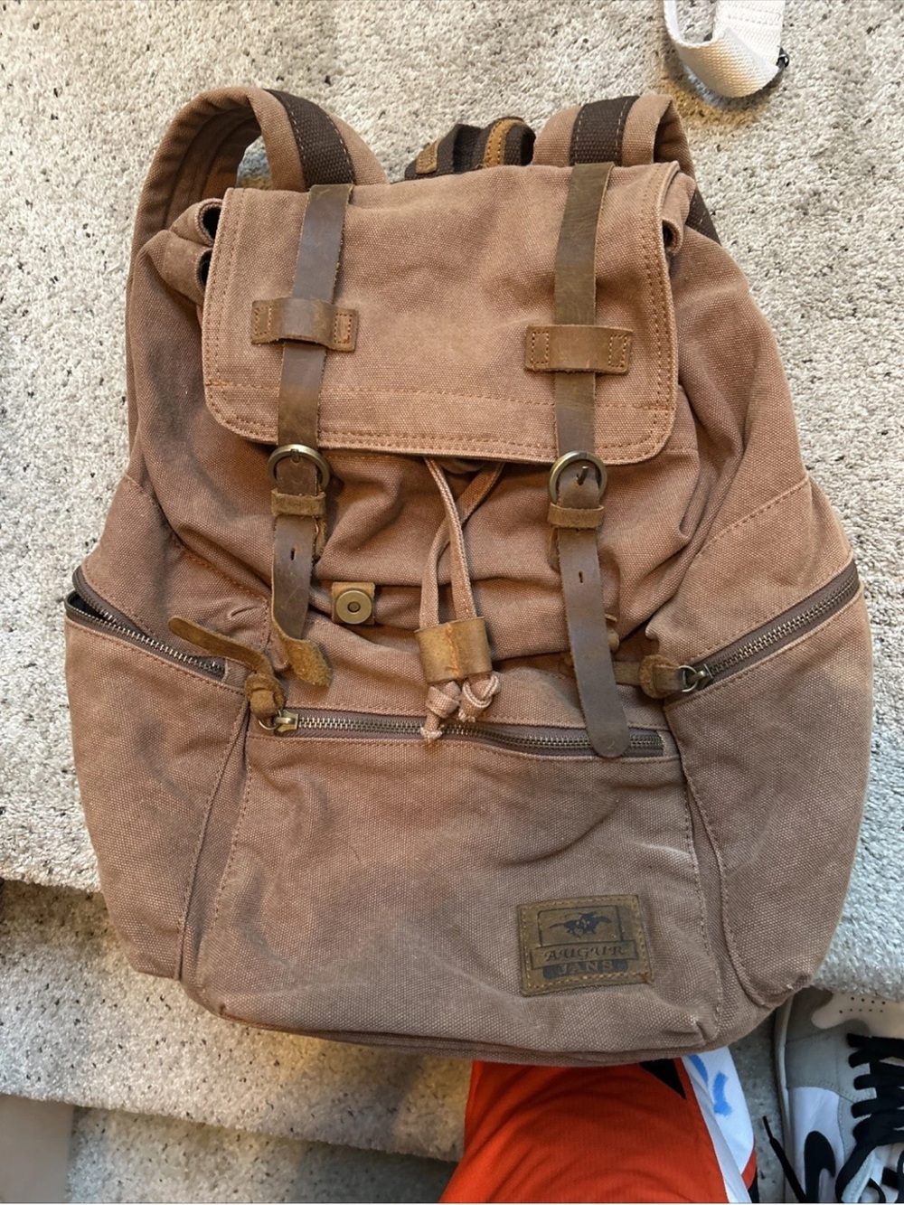 Augur Jan’s canvas leather backpack beige brown hiking rucksack drawstring bag.